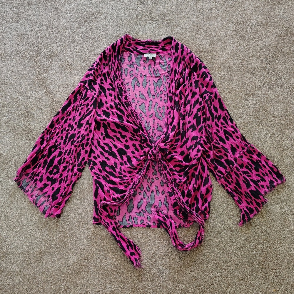 Umgee Leopard Open Front Tie Pink Kimono Oversized Boho Chic Festival Womens S/M